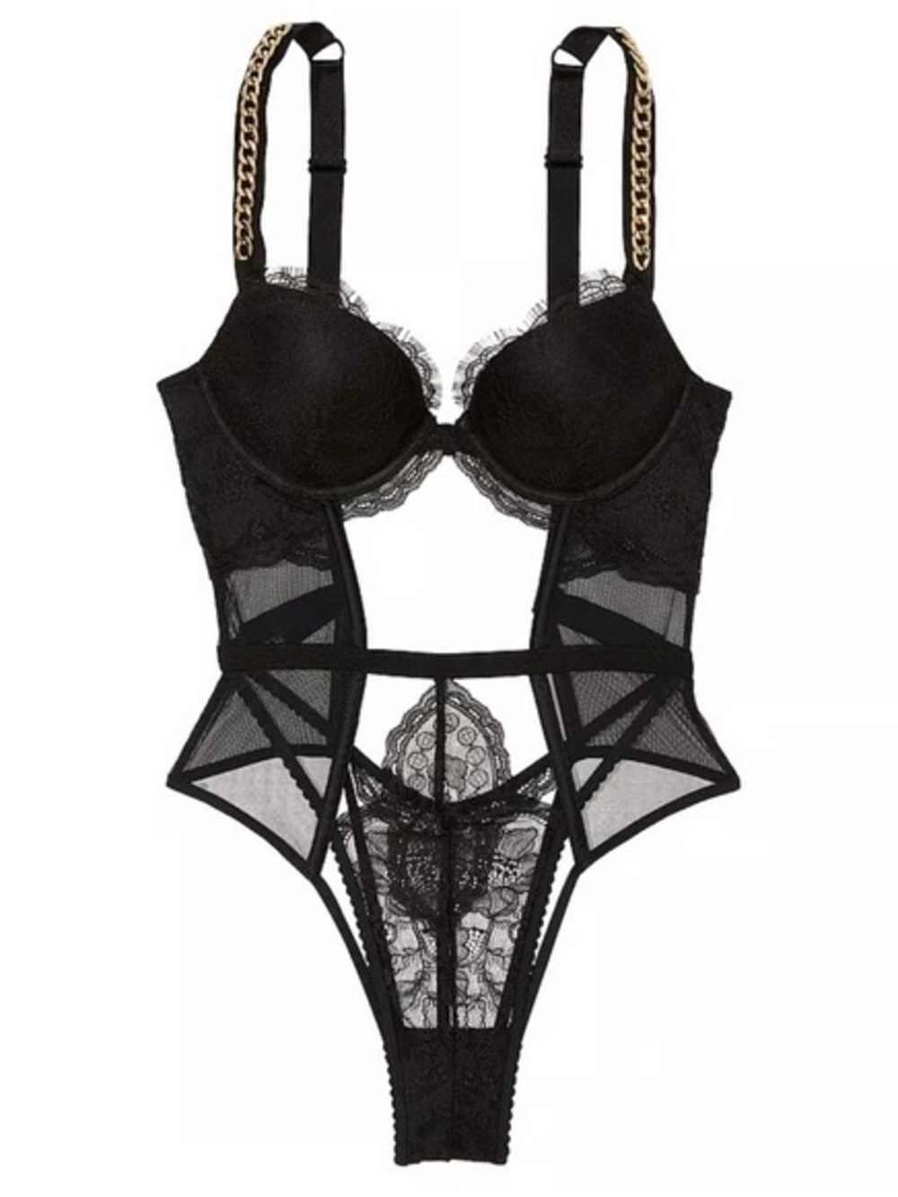 Victoria’s Secret Black Lace Chain Strap Teddy Bodysuit